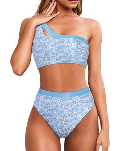 MOOSLOVER Women Cutout One Shoulder High Waisted Bikini High Cut Two Piece Swimsuits(XL,Blue Floral-23) - Image 1