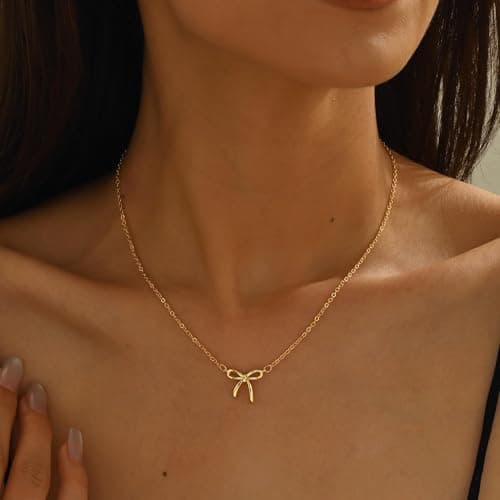 Fezodo Bow Necklace for Women - 14K Gold Plated Bow Pendant Necklace Gold Necklace Jewelry for Women Gifts - Thumbnail 4