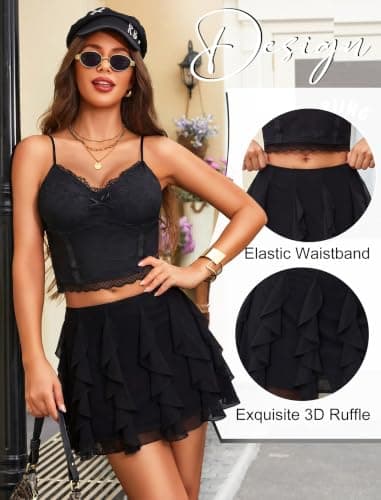 Avidlove Mini Skirt Mesh Ruffled Women's Skirts Y2K Casual Concert Outfit Black XS - Thumbnail 4