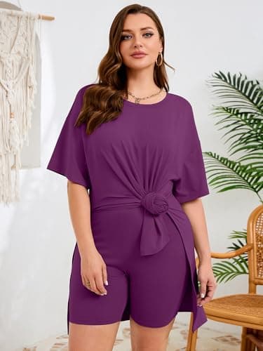 AusLook Plus Size Lounge Set for Women 2 Piece Outfit Oversized Tunic Top and Biker Shorts Purple 4X Matching Set Side Slit Casual Comfy Summer Outfit Travel Airport Look Maternity Friendly Sets - Thumbnail 2