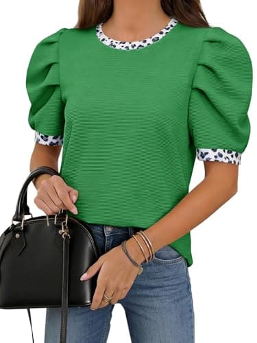 Tankaneo Womens Puff Short Sleeve Tops 2026 Summer Dressy Casual Crew Neck Work Blouses Leopard Loose Fit T Shirt - Image 1