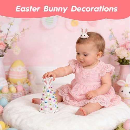 WYEDJHF Cute Ceramic Easter Tree Bunny Decor, Light up Easter Bunny Decor Spring Decorations for Indoor Bedroom Office Decor Tabletop for Kid Gifts (White) - Thumbnail 6