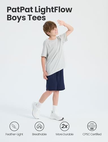 PATPAT Boys Performance T-Shirts with Breathable Air-Grid, Ultra Lightweight Short Sleeve Athletic Shirt for Active Kid Youth, Vapor Gray, US6/XS - Thumbnail 3