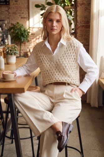 Arach&Cloz Women's Cashmere Wool Blend Hollow Out V Neck Dressy Casual Sweater Vests Beige S - Thumbnail 5