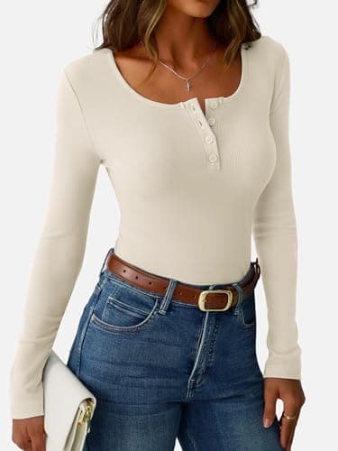 GKBK Ribbed Long Sleeve Tops for Women Henley Button Up Slim Fitted Tight Basic Tee Tshirts Cute Spring Fall Tops Blouse 2025 Trendy Outfits Beige XXL - Thumbnail 3