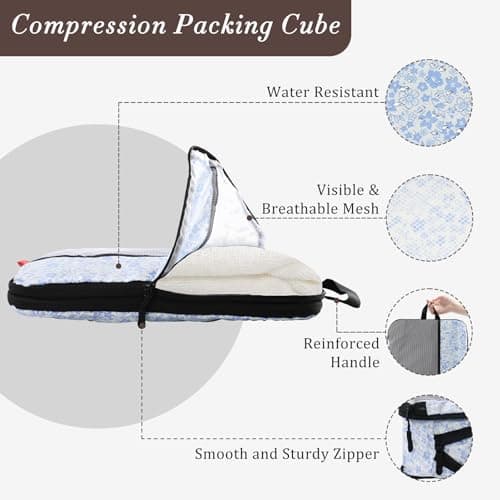 U+U 6 Set Compression Packing Cubes - Ultralight Travel Organizers with Laundry Bag, Space-Saving Suitcase Organizer for Travel, Business Trip and Family Vacation (Blue Flower) - Thumbnail 2