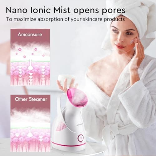 Amconsure Facial Steamer - Nano Ionic Face Steamer Warm Mist Steamer for Home Sauna SPA, Humidifier for Face Steamer for Deep Cleaning Unclogs Pores Sinuses - Bonus 5 Piece Stainless Steel Skin Kit - Thumbnail 3