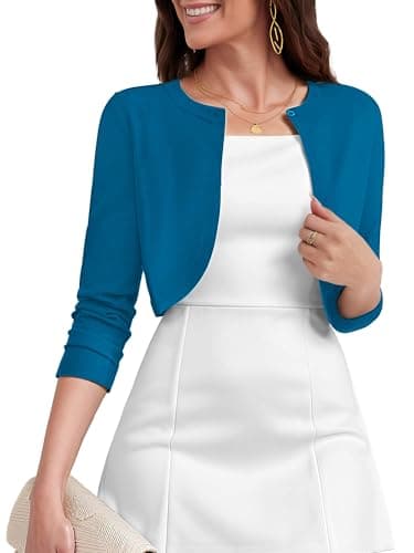 Heymoments Women's Thin Shrugs for Dresses Blue XX-Large Open Front 3/4 Sleeve Knit Lightweight Crop Cardigan Dressy Cropped Tops Coat Sweater Clothes - Image 1
