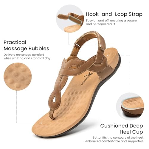 Athlefit Orthopedic Arch Support Flat Sandals for Women Comfortable Orthotic Casual Summer Tan Beach Thong Sandals Size 6.5,AD00632 - Thumbnail 4