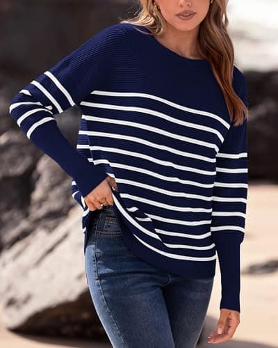 BTFBM Casual Women 2026 Fall Sweater Long Sleeve Ribbed Knit Pullover Loose Crewneck Batwing Split Sweater(Striped Navy White,X-Small) - Thumbnail 5