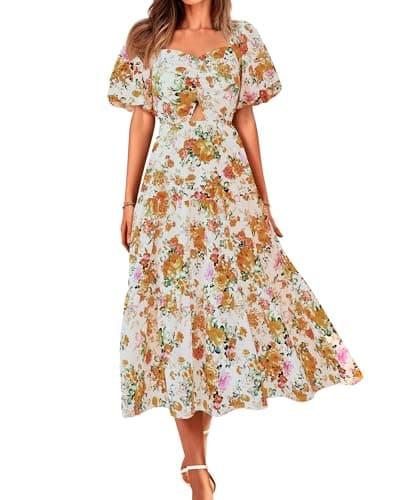 BTFBM Women's Clothing Spring Summer Dresses 2026 Beach Vacation Short Sleeve Smocked Back Boho Casual Floral Maxi Dress(Floral White Orange, XX-Large)