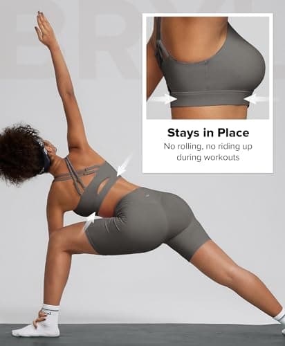 BRXL Padded Sports Bra Push Up Sports Bra Adjustable Spaghetti Strap Light Impact Cross Back Yoga Workout Buttery Soft Grey - Thumbnail 5
