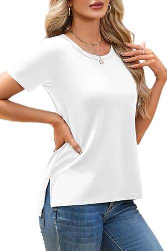 Herou Lightweight Summer Split Side Tops for Women White T-Shirt Crewneck Short Sleeve High Low Hem Tees White Large - Image 1