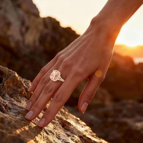 Moissa 8ct Lab Zircon Cocktail Ring 14K Gold Plated Silver Rings for Women Non Tarnish, Radiant Cut Halo Ring for Engagement Anniversary Birthday Party, Jewelry Gift for Wife Her - Peach Pink Padparadscha Sunset Glow Ring - Thumbnail 3