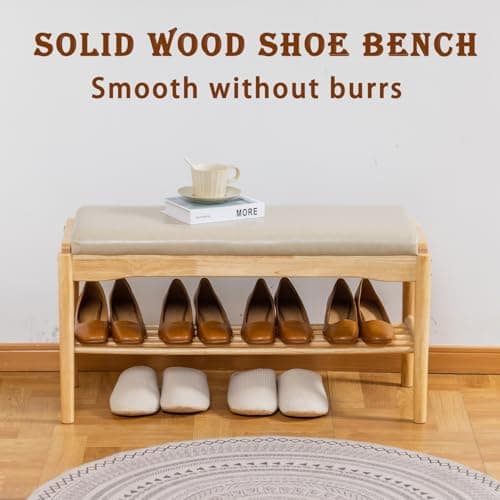 latifolia Small Shoe Bench, Solid Wood Bench with Cushion, 2 Tier Shoe Storage Organizer for Entryway(Nature,31.50''L) - Thumbnail 4