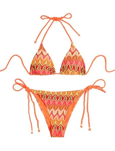 ZAFUL 2 Piece Triangle Bikini for Women Knitted Rope Halter Bikini Sets Sexy Bathing Suit Side Tie Swimsuits Beachwear Fluorescent Orange M - Image 1