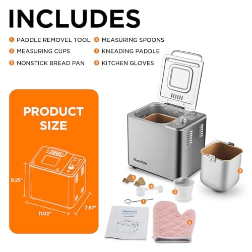 Neretva Bread Maker, 20-IN-1 2LB Bread Machine Dual Heater Bread Maker Machine Automatic with Nonstick Ceramic Pan, 15H Timer & 1H Keep Warm Set, Low Noise, Stainless Steel Breadmaker Recipe-Silver - Thumbnail 6