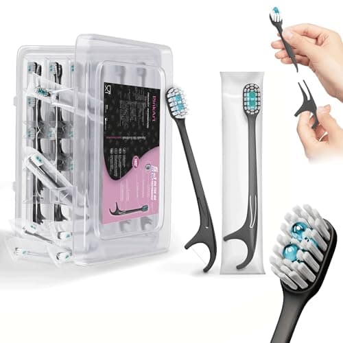Pinkart 5-in-1 Travel Toothbrush | Disposable toothbrushes with Toothpaste | Floss/Toothpick/Tongue Scraper | Individually Wrapped Disposable toothbrushes | 5.3" Extended Handle (48 Count) - Image 1