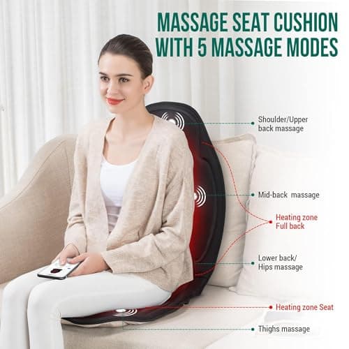Snailax Vibration Back Massager with Heat, Massage Seat Cushion with 6 Vibrating Motors and 2 Heat Levels, Massage Chair Pad for Home Office use, Gifts for Him Her - Thumbnail 2