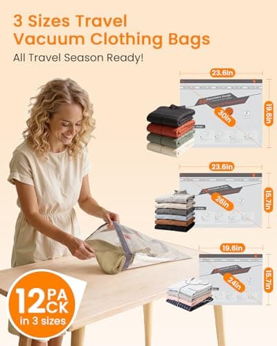 Vacuum Seal Bags for Clothing Travel with Rechargeable Cordless Pump, 12 Pack Compression Space Saver Bags for Packing, Luggage and Seasonal Storage - Thumbnail 2