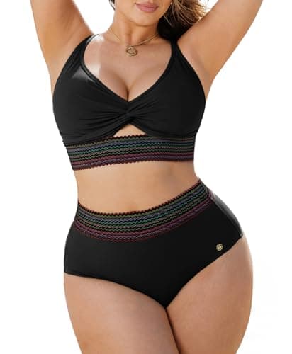 Popilush Tummy Control Swimsuits for Women High Waisted Bikini Sets Shapewear Two Piece Boho Bathing Suit 4 Way Wear Beach and Pool Size XS Color Black - Image 1