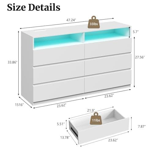 6 Drawer Dresser for Bedroom, White Dresser with LED Lights, Power Outlet, Modern Wood Chest of Drawers for Closet, Double Wide Drawer Organizer Cabinet for Bedroom, Living Room, Entryway, Hallway - Thumbnail 2
