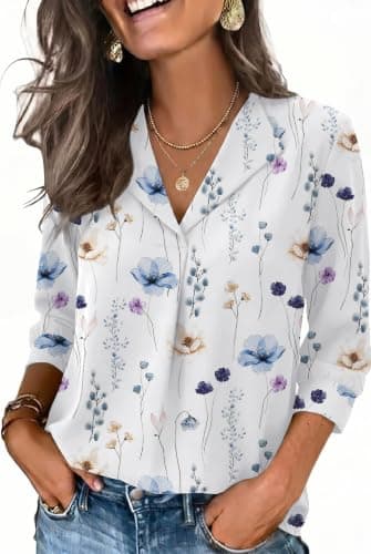 WIHOLL Womens Blouses Dressy Casual 3/4 Length Sleeve Womens Tops Ladies Trendy Spring Summer Clothes Business Work Outfits Floral Print XL