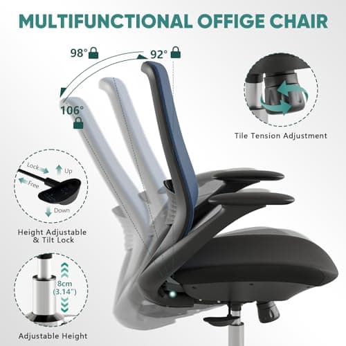 Ergonomic Mesh Office Chair, 330LBS Executive Desk Chair with Lumbar Support, 2D Armrests, Comfy Swivel Computer Task Chairs for Long Hours (Blue) - Thumbnail 5