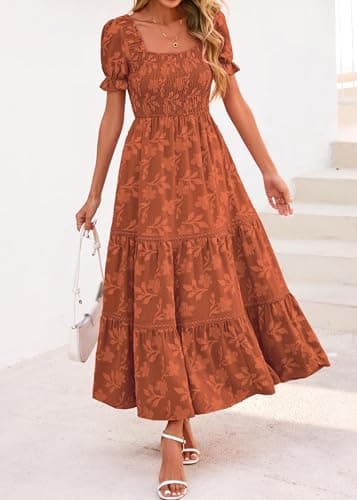 Lazysmile Women's Summer Boho Floral Maxi Dress Short Sleeve Square Neck Smocked Ruffle Elegant Wedding Guest Dress Orange - Thumbnail 4