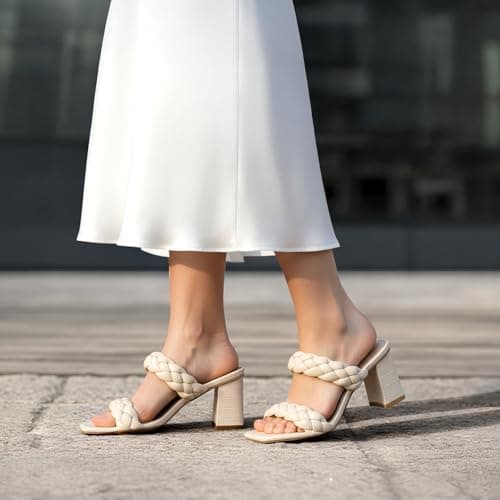 Athlefit Women's Braided Heeled Sandals Summer Square Open Toe Heels Slip On Block Heels Beige Size 8 - Thumbnail 2