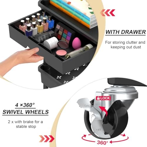 Goovilla 3 Tier Rolling Utility Cart Organizer with Removable Drawer, Stable and Sturdy Black Rolling Storage Carts with 2 Lockable Wheels for Bathroom, Kitchen, Snack, Craft, Makeup, Baby Essentials - Thumbnail 2