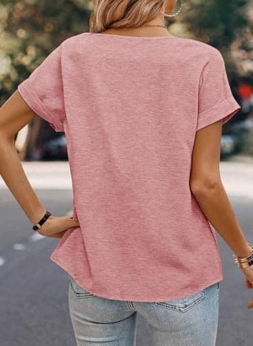 Dokotoo Summer Tops for Women Trendy 2026 Fashion Oversized Round Neck Cap Short Sleeve Solid T Shirts for Women Cozy Basic Casual Pleated Loose Fit Womens Clothes Womens Tops Resort Wear Medium Pink - Thumbnail 3