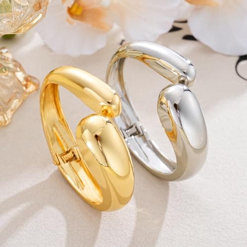 Gold Silver Chunky Bangles Bracelet for Women Trendy, 14K Gold Plated 2 Pcs Dainty Thick Cuff Bracelet Stack - Thumbnail 6
