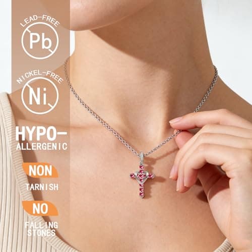 Cross Necklace for Women, Heart Cross Necklace for Women, 18K Gold Plated, Silver Necklace for Women, Dainty Cubic Zirconia Pendant, Hypoallergenic Jewelry for Women, Christian Religious Gifts(Rose Red-Silver) - Thumbnail 4