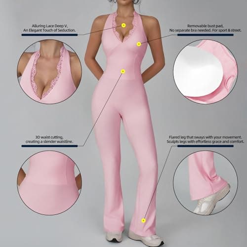 KAIFUYING Women Workout Scrunch Flare Jumpsuits Lace Deep V Hanging Neck Halter Backless Butt Lift Gym Yoga Jumpsuits Sexy jumpsuits Workout jumpsuits for women pink-XL - Thumbnail 4