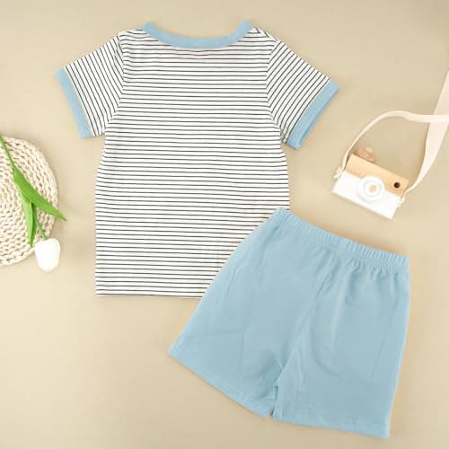 JiuBreeze Toddler Baby Boy Summer Outfit Striped Short Sleeve T-Shirt Shorts Set 2-Piece Boys Outfits Clothing Sizes 18M-5T (Blue, 3-4T) - Thumbnail 5