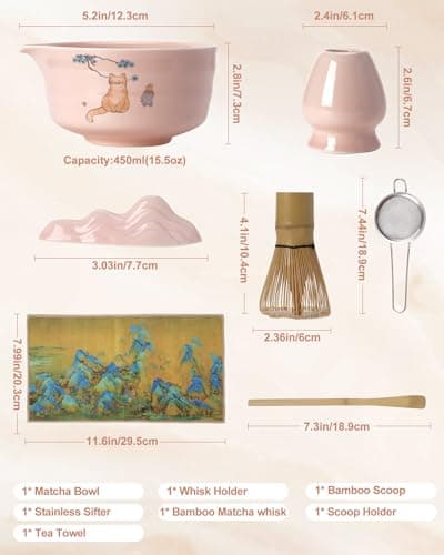 Matcha Whisk Set, Ceramic Matcha Set Includes Matcha Bowl, Matcha Whisk and Holder, Bamboo Scoop, Scoop Rest, Sifter and Tea Towel - 7 Pcs Matcha Kit(Pink) - Thumbnail 2