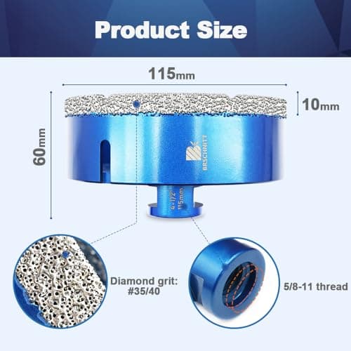 115mm Diamond Core Drill Bit for Porcelain Tile Ceramic Marble Granite Drilling,BRSCHNITT 1pc Vacuum Brazed Diamond Hole Saw with 5/8-11 Thread (115mm) - Thumbnail 2
