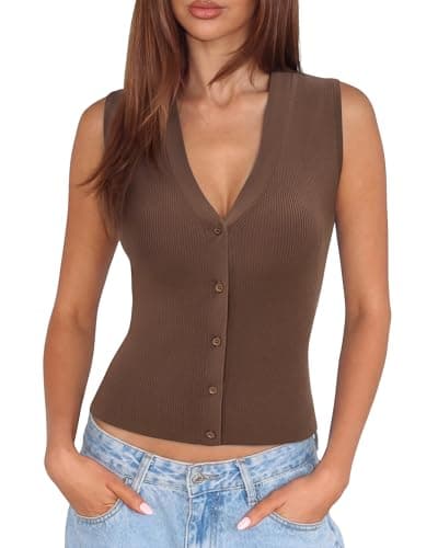 SUUKSESS Women Sleeveless Sweater Tops Summer V Neck Button Down Vest Tops Business Casual Work Shirts (Brown, XS) - Image 1