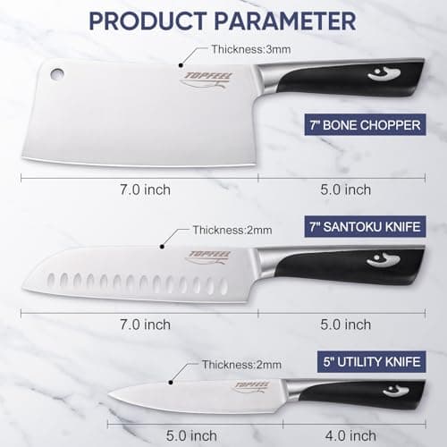 Topfeel Butcher Knife Meat Cleaver Set 3Pcs-7" Heavy Duty Bone Chopper& 7" Santoku Knife& 5" Utility Knife, German Stainless Steel Chef Knives Set for Kitchen Home Gift - Thumbnail 6