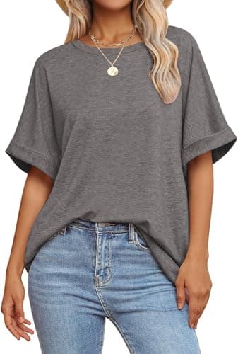 GKBK Womens Oversized T Shirts Crew Neck Short Sleeve Tops Spring Summer Business Dressy Casual Loose Fit Workout Work Basic Tee Shirt 2026 Beach Vacation Trendy Fashion Clothes Outfit Dark Gray M - Image 1