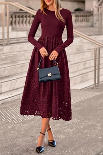 dowerme Women Spring Dresses 2026 Casual Long Sleeve Crewneck A-Line Boho Eyelet Cotton Maxi Wedding Guest Dress Pockets(Dark Red,Small) - Thumbnail 3