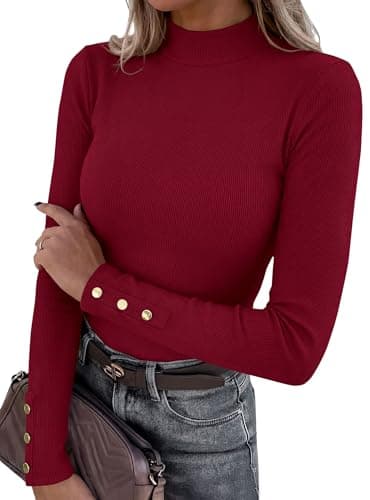 PRETTYGARDEN Women's Ribbed Mock Neck Long Sleeve Tops (Burgundy,M) - Image 1