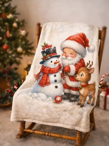Carastora Flannel Blanket Featuring Santa Claus, Snowman, and Reindeer Patterns. Soft and Comfortable, Suitable for Sofas and beds. Warm and Lightweight, a Perfect Holiday Decoration.50 x 60 in. - Thumbnail 5