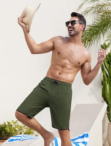 SILKWORLD Men's Swim Trunks Quick Dry Bathing Suits Water-Resistant Summer Beach Shorts with Pockets, Army Green, Medium - Thumbnail 2