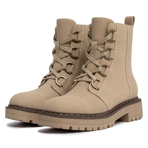 Athlefit Women's Combat Ankle Boots Platform Chunky Low Heel Boots Fashion Lug Sole Lace Up Taupe Booties Size 8 - Thumbnail 3