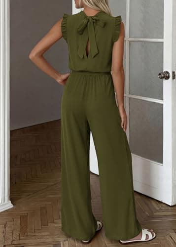 KIRUNDO Jumpsuits For Women Dressy Summer One Piece Sleeveless Ruffle Mock Neck Belt Pockets Formal Wide Leg Pants Romper(Army Green, XX-Large) - Thumbnail 3