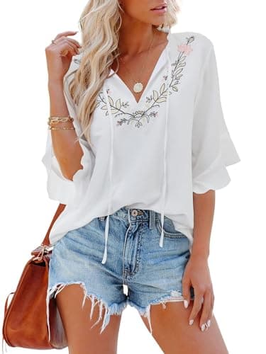 Womens Summer Tops 3 4 Sleeve Women Blouses Casual Boho Top Spring Floral Short Sleeve Shirts Vacation White XL - Image 1