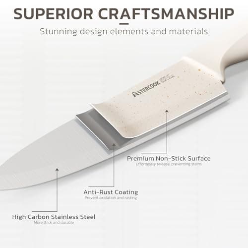 Astercook Knife Set, 15 Pieces Kitchen Knife Set with Sharpener Block, German Stainless Steel Knives Set with Anti-Rust Coating, Dishwasher Safe Elegant Cream White Knife Block Sets, Valentine's Gift - Thumbnail 6