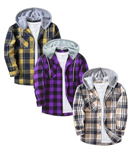 3-Pack Men's Plaid Hooded Button-Up Shirts Long Sleeve Cotton Hoodies Loose Fit Casual Tops Flannel Shirt - Image 1